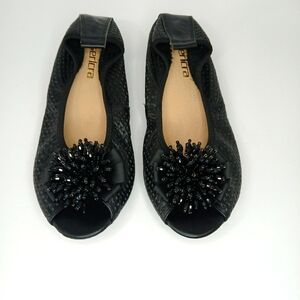 NWOT Open Toe Black Ballerina Flats Multiple Gems Bow Sz 8.5 US 39 EU